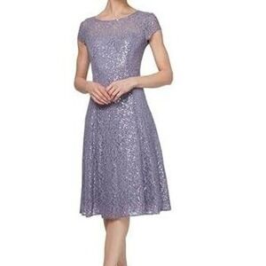 SLNY 16 purple sequin fairy wedding midi flare dress